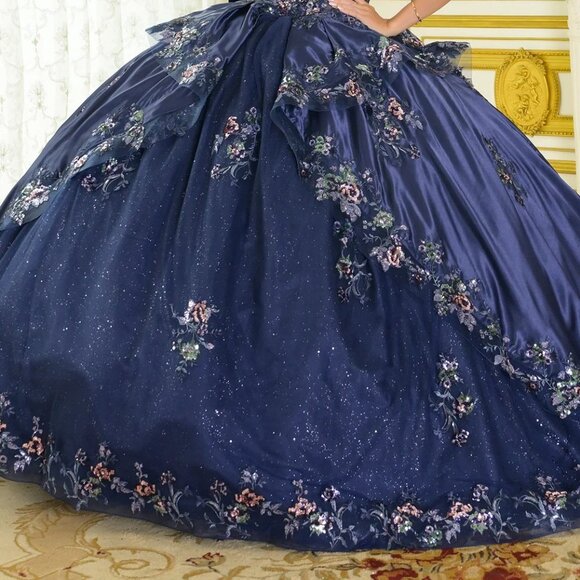 New Navy Satin Ball Gown w/ Floral Lace Embroidery & Oversized Back Bow GL3793 - Picture 8 of 14
